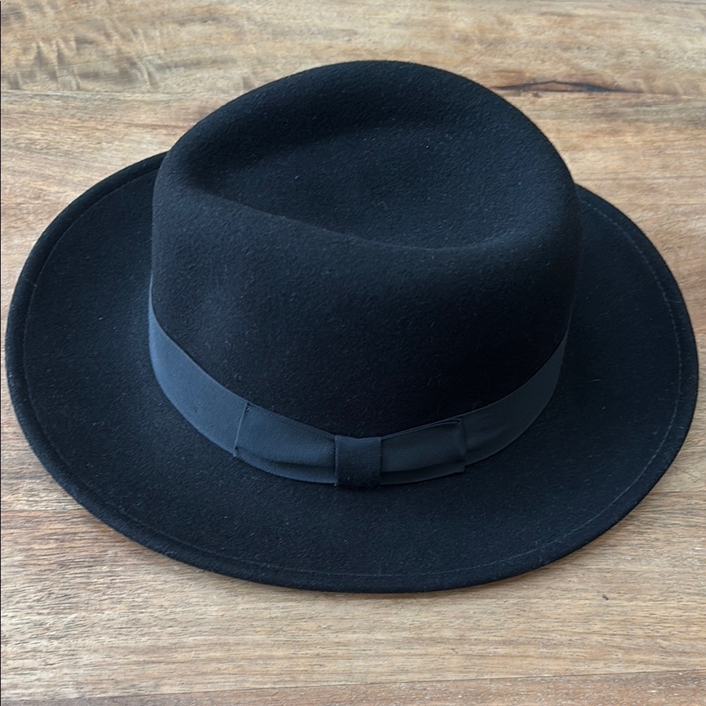 Black Wide-Brimmed Fedora Hat 100% WOOL with Ribbon Band XL